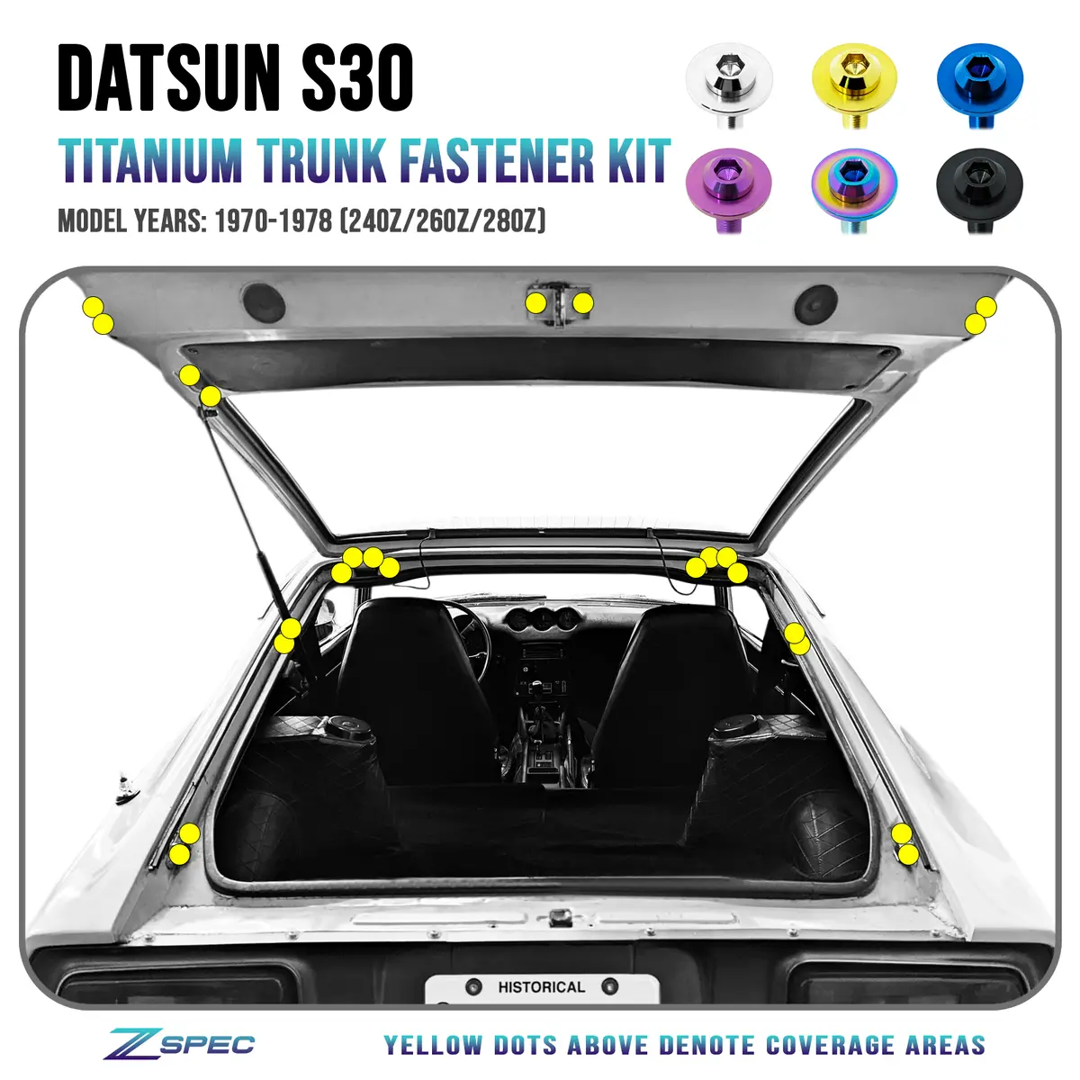 Zspec Dress Up Bolts® Fastener Kit, Trunk/Hatch-Area For Datsun 240/260/280Z S30, Titanium 1