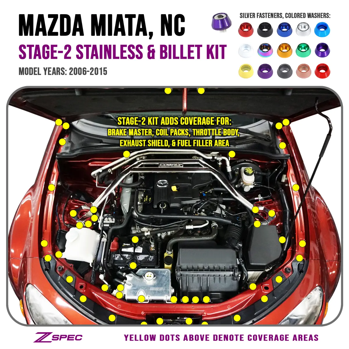 Zspec Stage-2 Dress Up Bolts® Fastener Kit For Mazda Miata Nc, Stainless & Billet 1