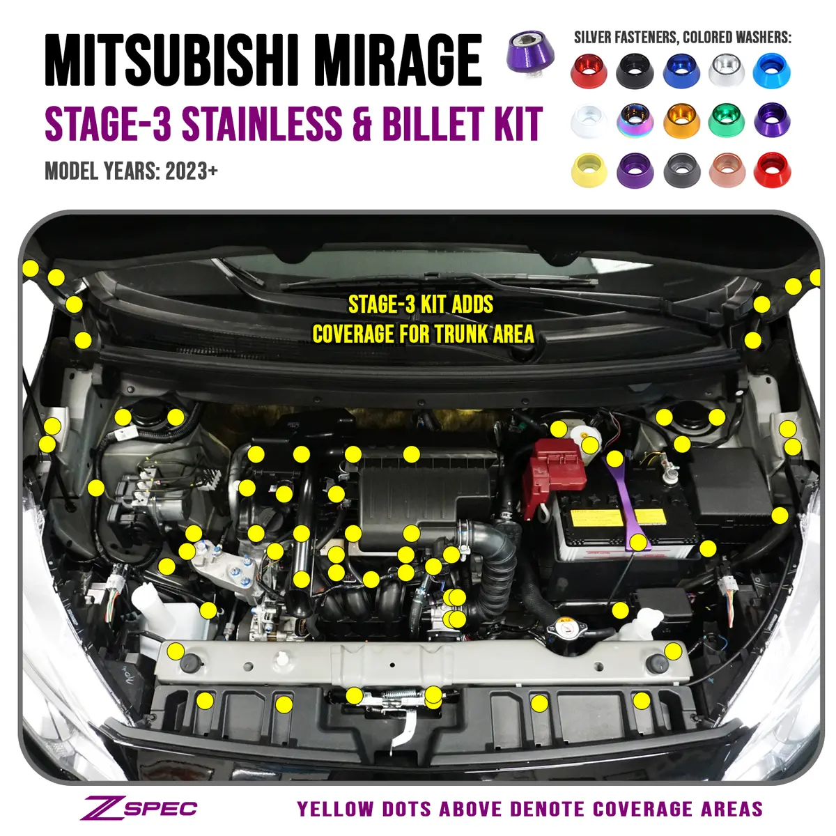 Zspec Stage-3 Dress Up Bolts® Fastener Kit For '23+ Mitsubishi Mirage, Stainless & Billet 1