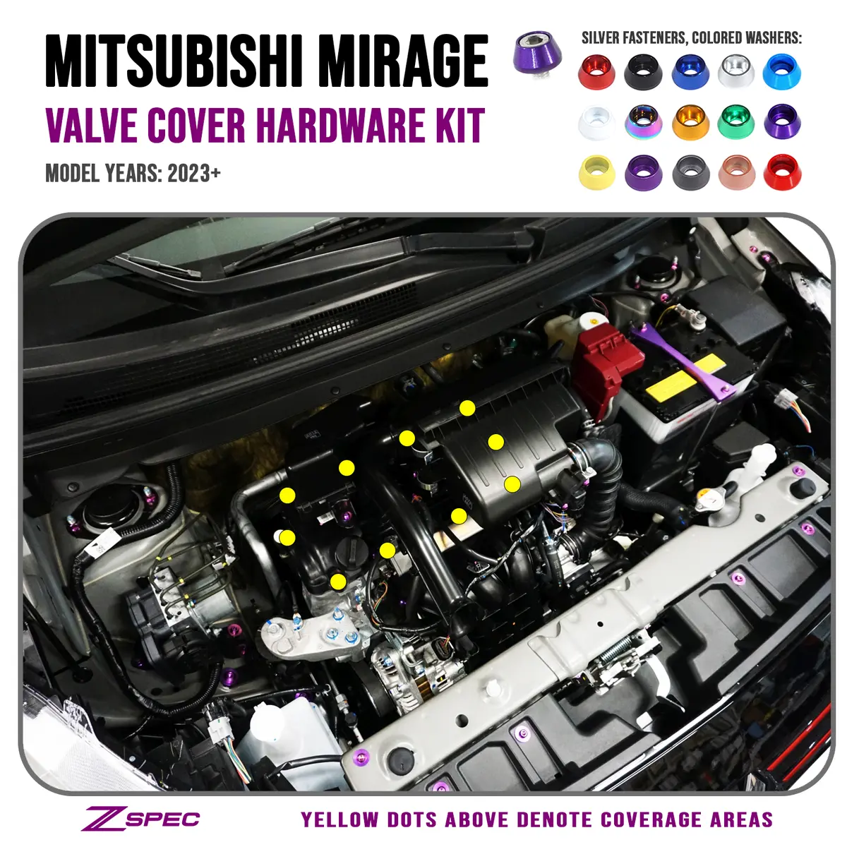 Zspec Valve Cover Dress Up Bolts® Fastener Kit For '23+ Mitsubishi Mirage, Stainless & Billet 1