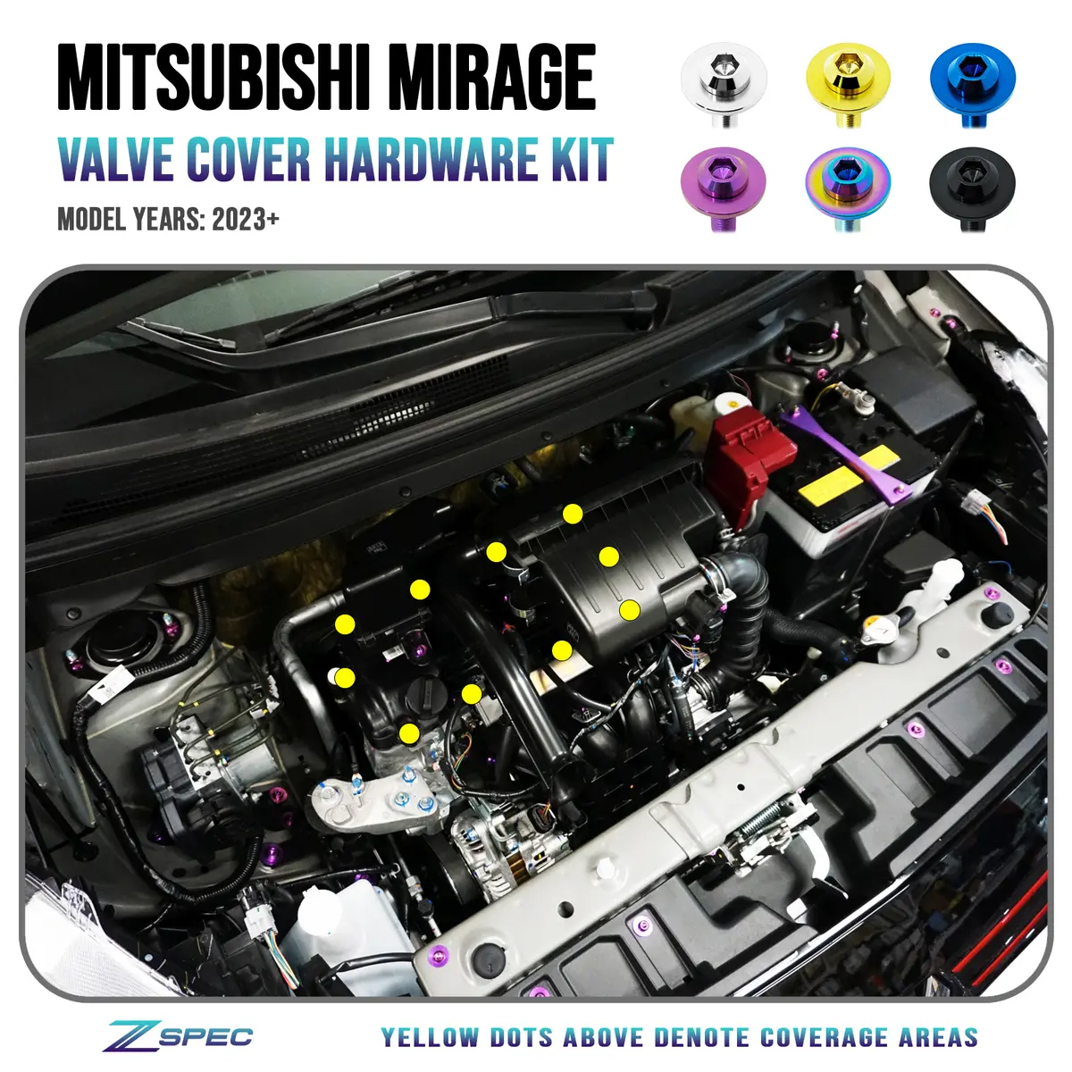 Zspec "Valve Covers" Dress Up Bolts® Fastener Kit For '23+ Mitsubishi Mirage, Titanium 1