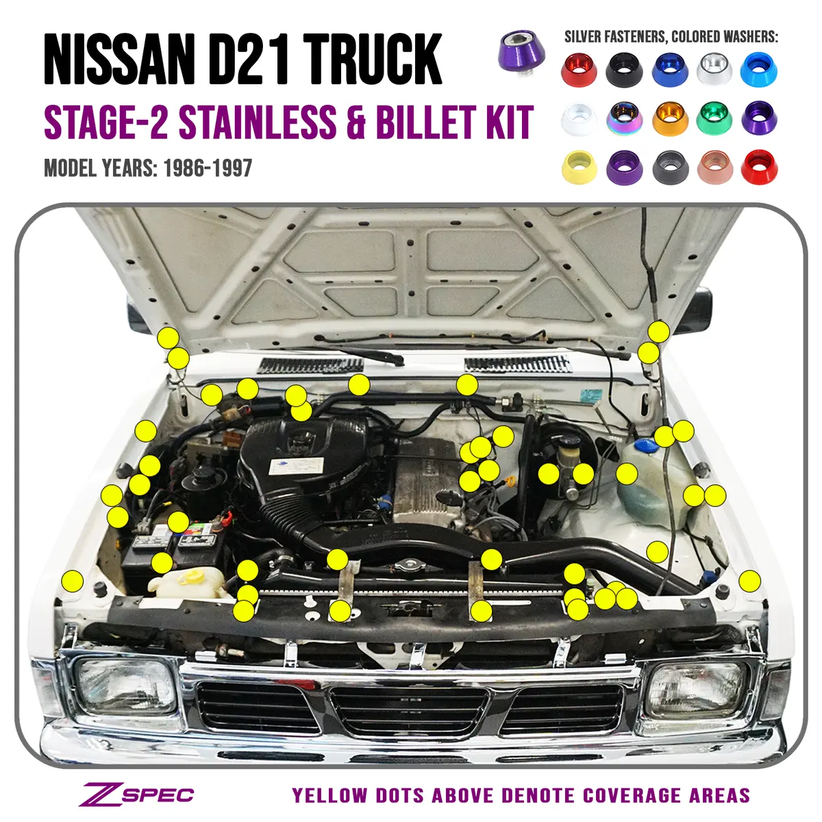 Zspec Stage-2 Engine Bay Fastener Kit For Nissan Hardbody D21 Pickup Truck, Stainless & Billet 1