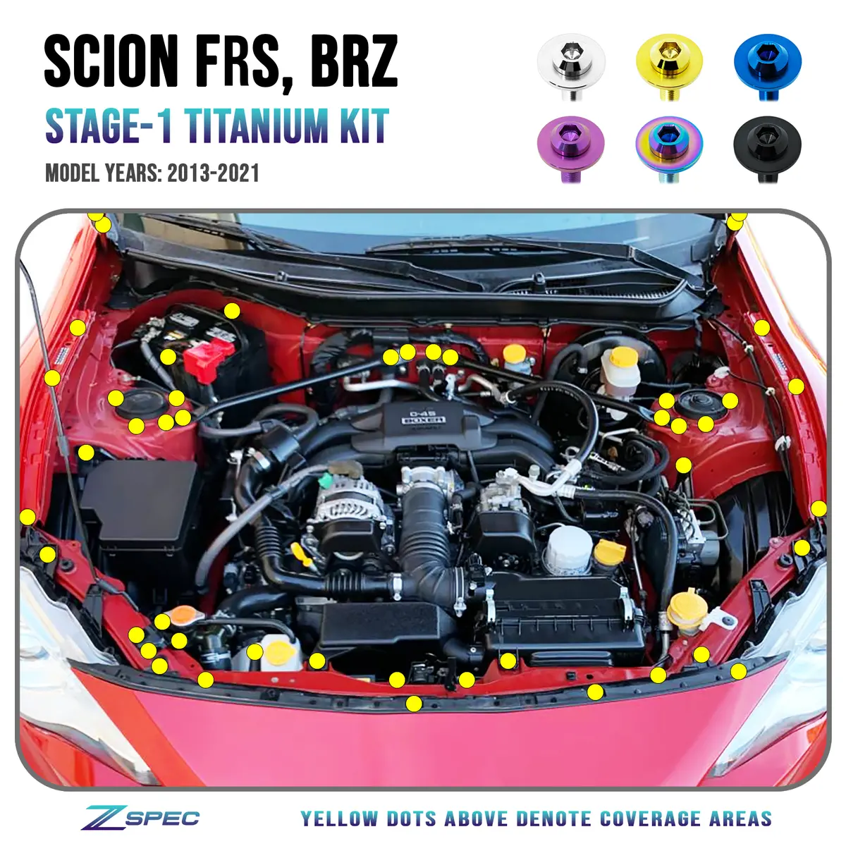 Zspec Stage-1 Dress Up Bolts® Fastener Kit For Scion Frs, Subaru Brz, Toyota 86 '13-21, Titanium 1