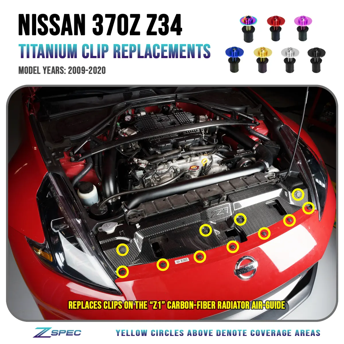 Zspec Plastic-Clips Replacements For Z1 Motorsports '09-20 Nissan 370Z Z34 Radiator Guide, Titanium 1