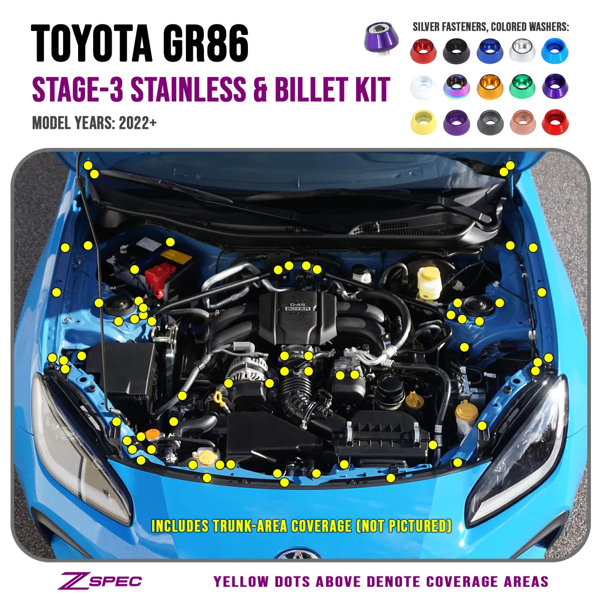 Zspec Stage-3 Dress Up Bolts® Fastener Kit For '22+ Toyota Gr86 & Subaru Brz, Stainless & Billet 1