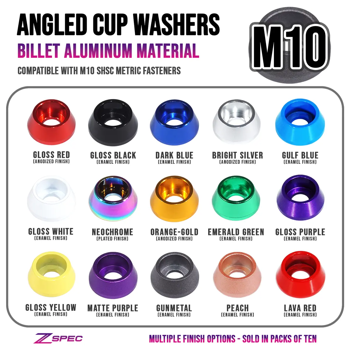 Zspec M10 Billet Angled Cup Finish Washers For Shsc Socket-Cap Fasteners, Billet, 10-Pack 1
