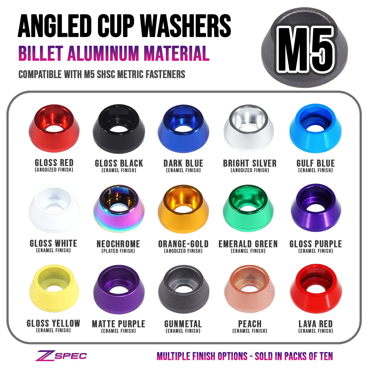Zspec M5 Billet Angled Cup Finish Washers For Shsc Socket-Cap Fasteners, Billet, 10-Pack 1