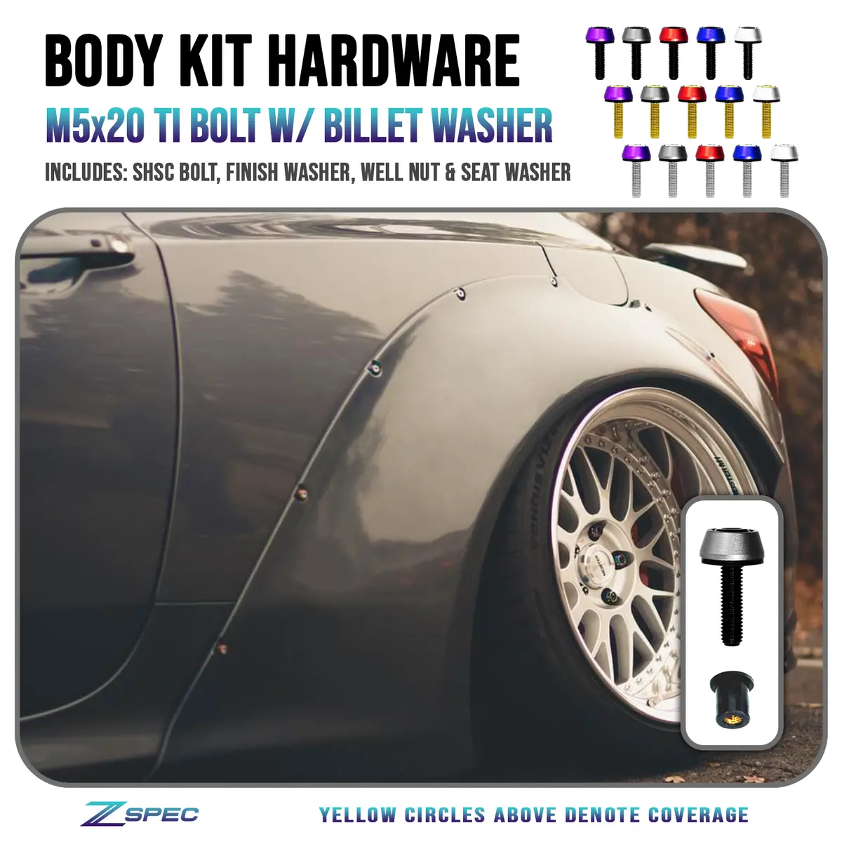 Zspec Body Kit Fastener, M5x20mm Titanium & Billet W/Well Nut, Per Each 1
