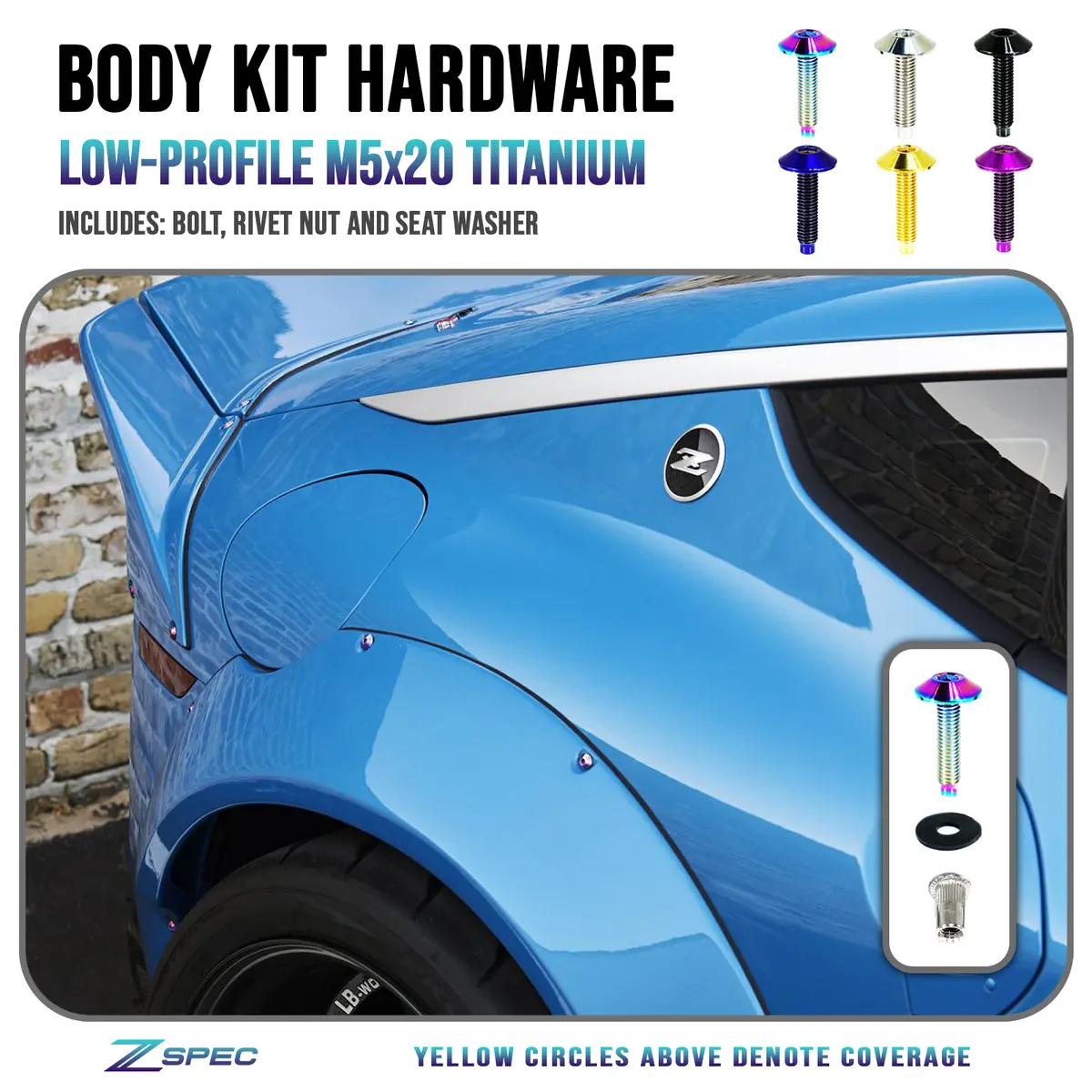 Zspec Low-Profile Body Kit Fastener, M5x20mm, Titanium W/ Rivet Nut, Per Each 1