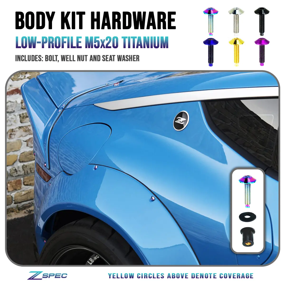 Zspec Body Kit Fastener, Low-Profile M5x20mm Titanium W/Well Nut, Per Each 1