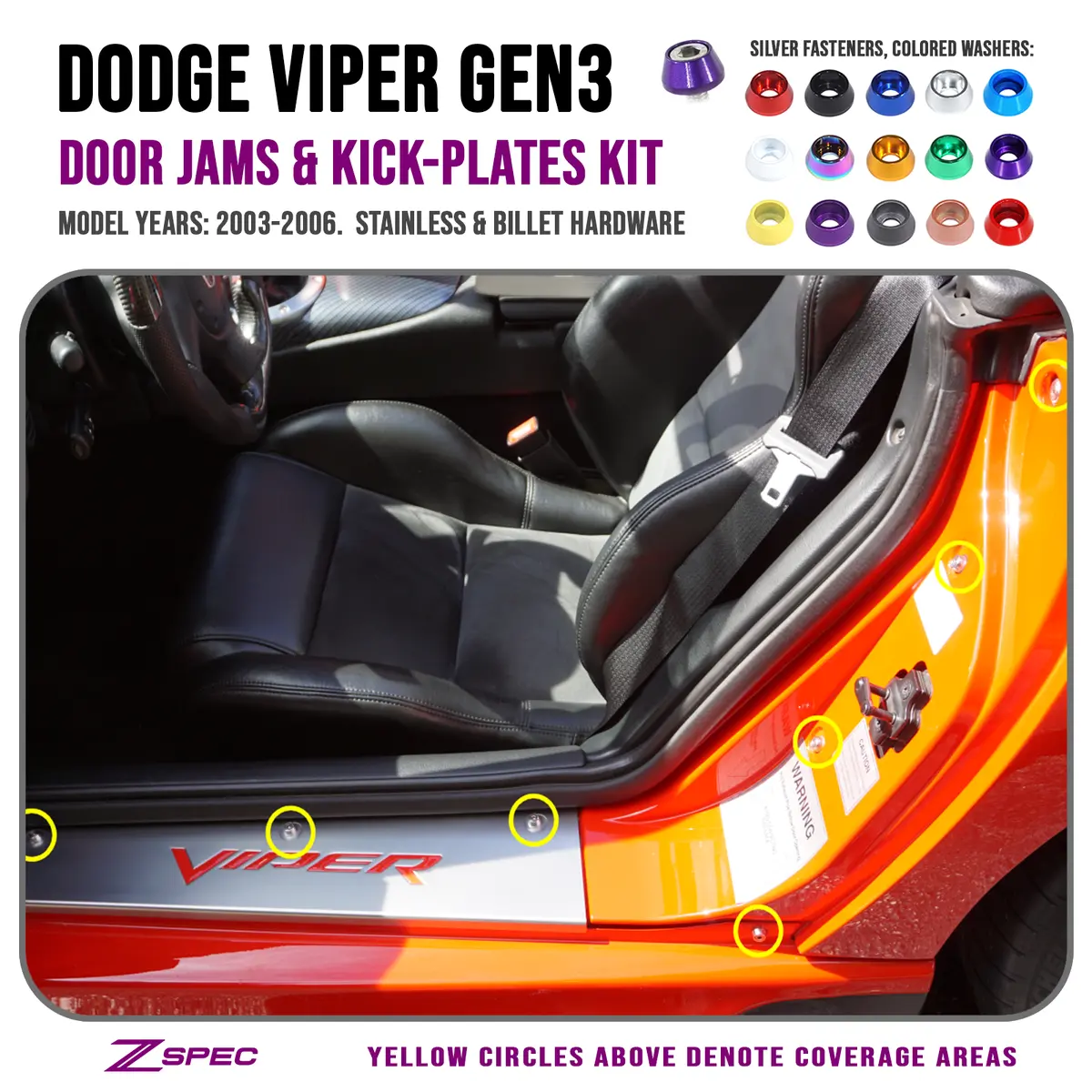 Zspec Door Jams And Kick Plates Fastener Kit For '03-06 Dodge Viper, Stainless & Billet 1