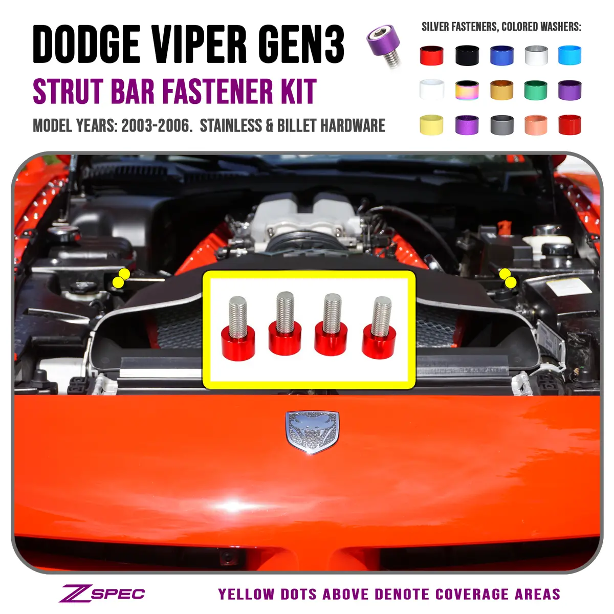 Zspec Strut Tower Brace Fasteners For '03-06 Dodge Viper, Stainless & Billet 1