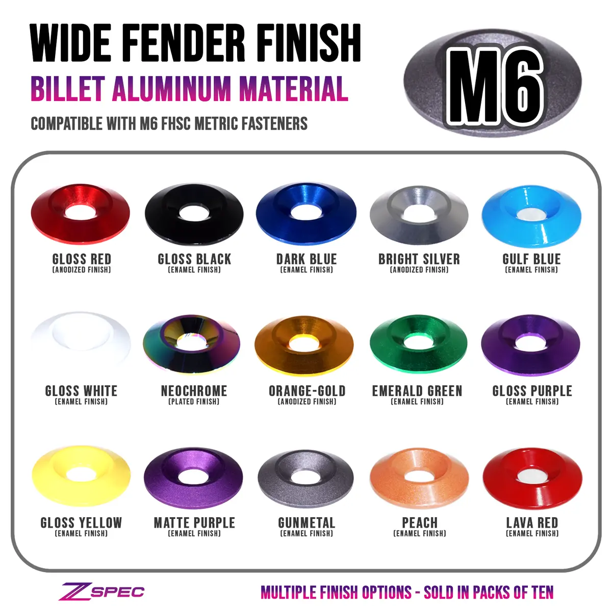 Zspec M6 Wide Fender-Finish Dress Up Washers, For M6 Fhsc Fasteners, Billet, 10-Pack 1