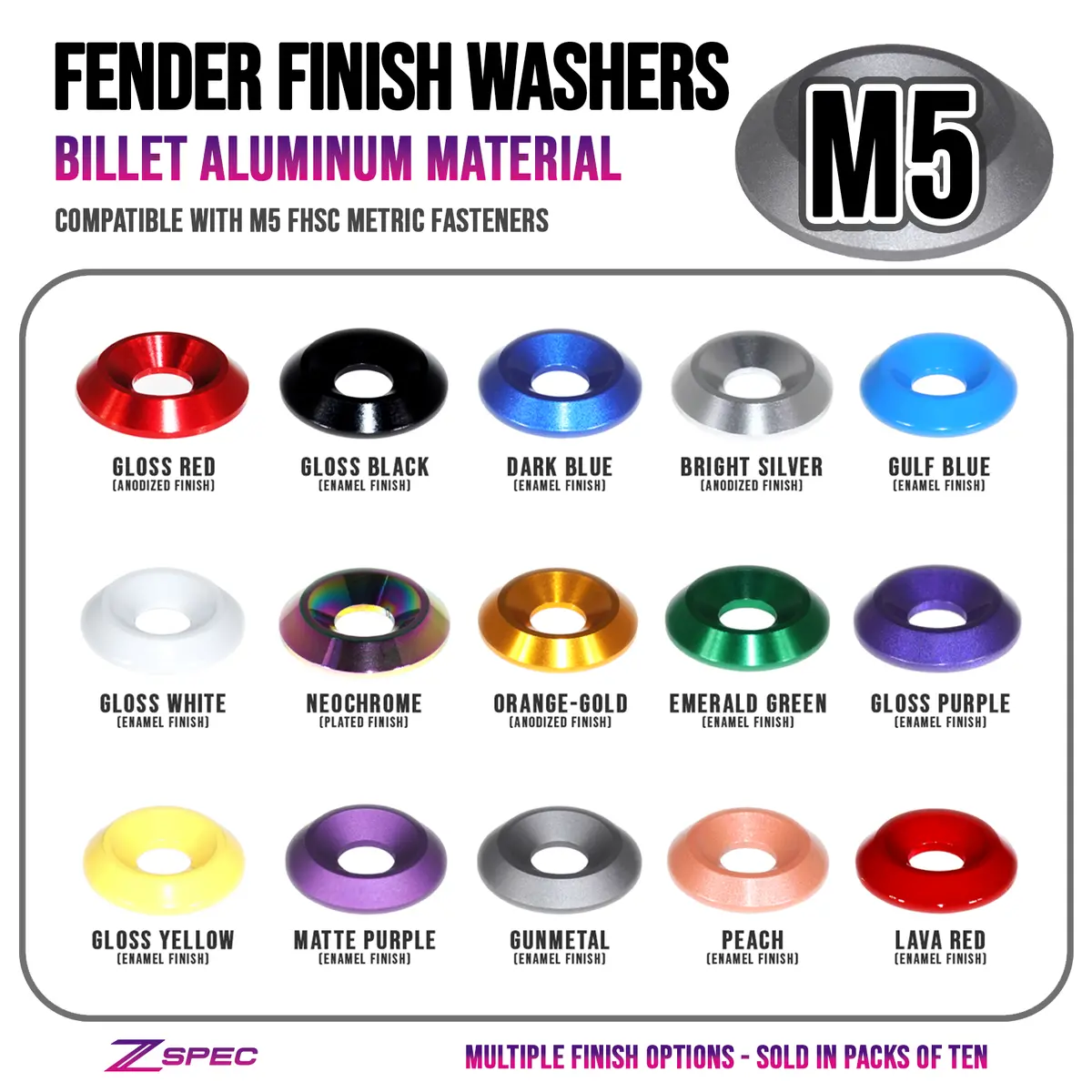 Zspec M5 Billet Fender-Finish Dress Up Washers For M5 Fhsc Fasteners, 10-Pack 1