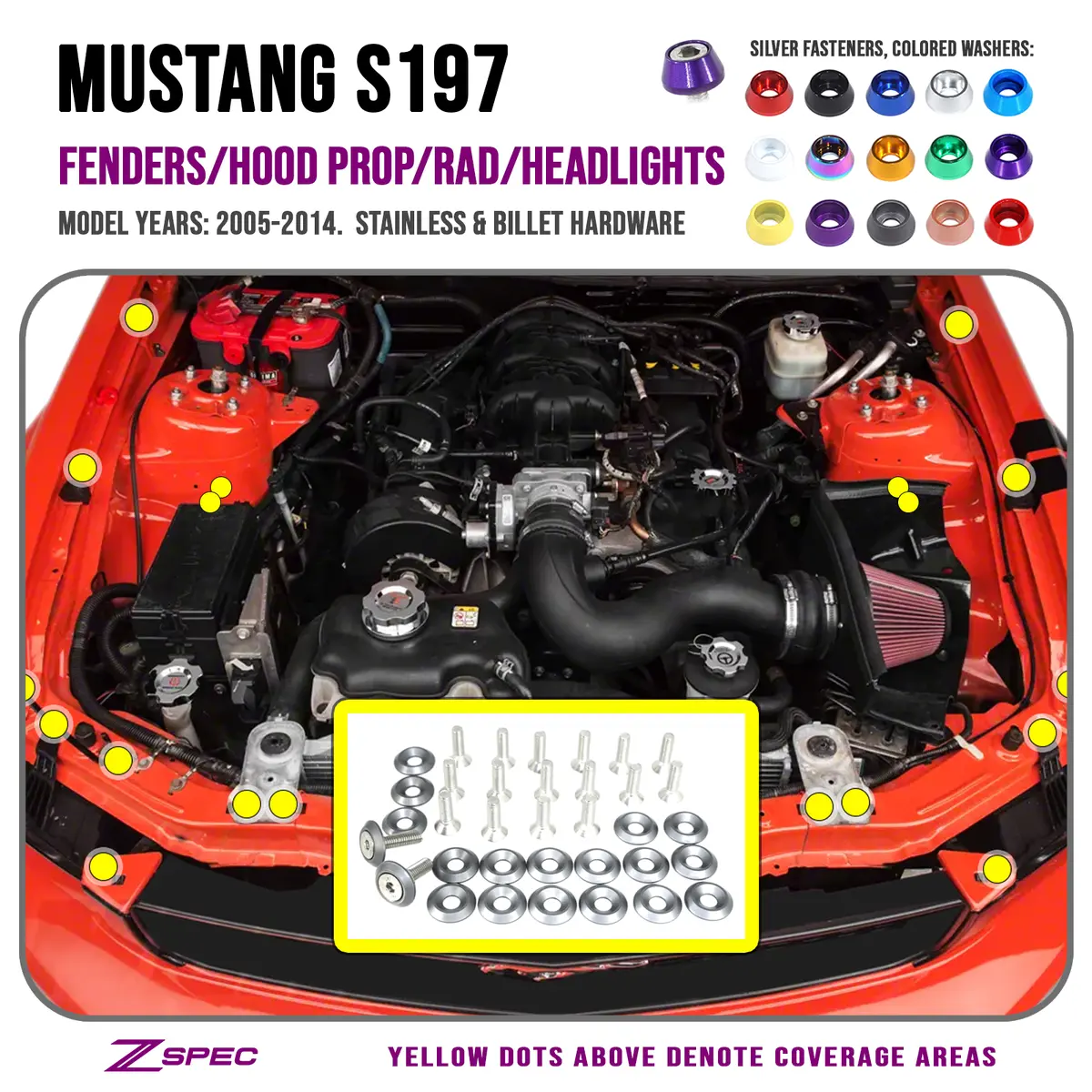 Zspec Fenders-Rad-Brackets-Hood-Prop-Headlights Fasteners For '05-14 S197 Ford Mustang, Stainless & Billet 1