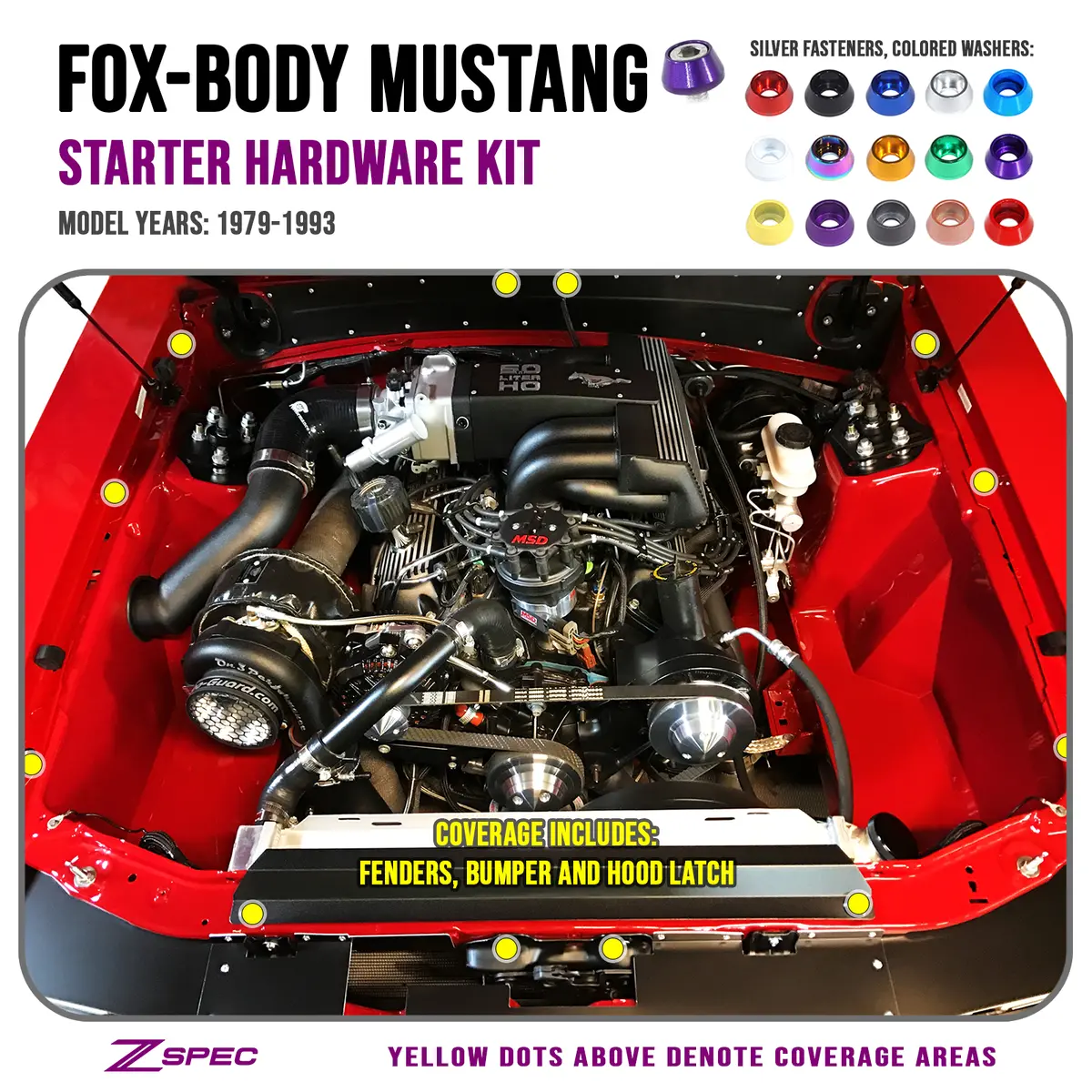 Zspec Fenders/Bumper/Hood Latch Kit, Mustang Fox-Body, Stainless & Billet 1