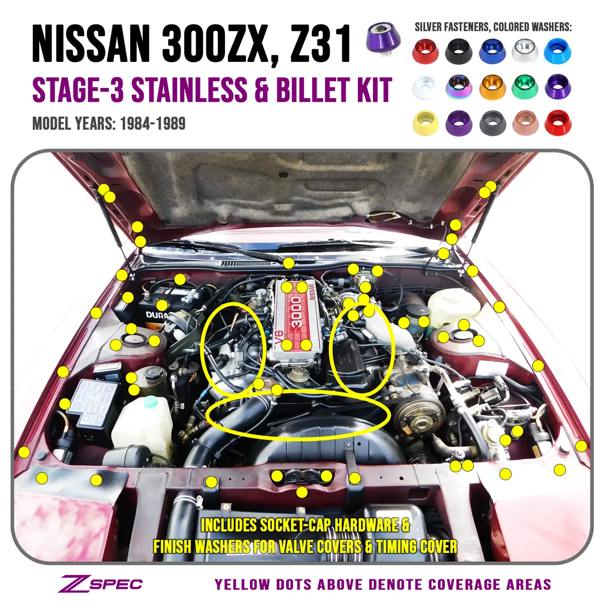 Zspec Stage-3 Dress Up Bolts® Fastener Kit For '84-89 Nissan 300Zx Z31, Shsc Hardware, Stainless & Billet 1