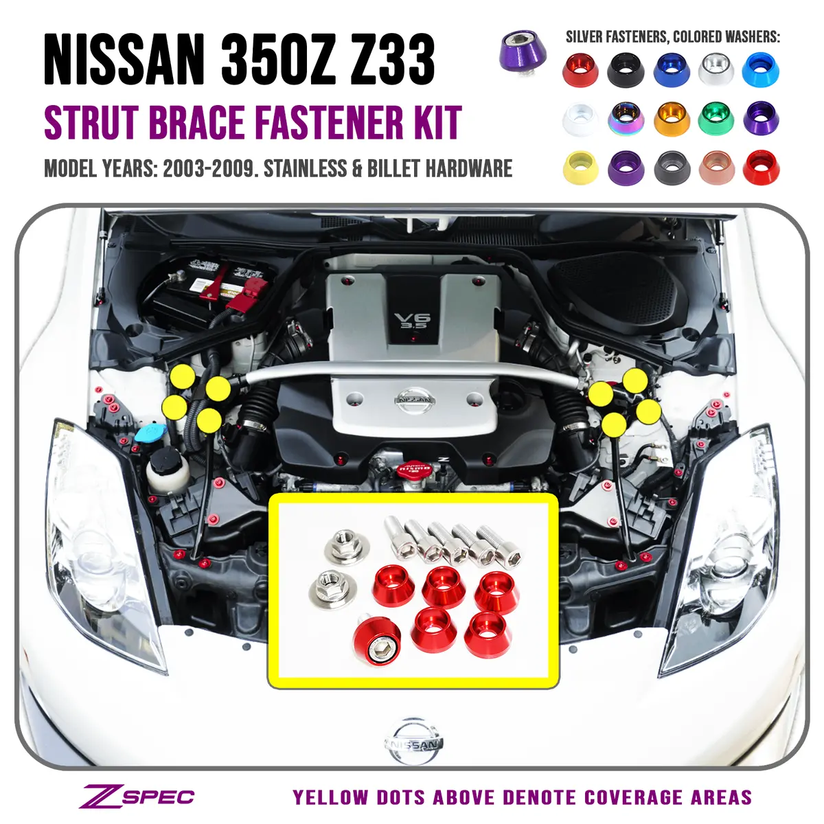 Zspec Strut Brace Fastener Kit For '03-09 Nissan 350Z Z33, Stainless & Billet 1