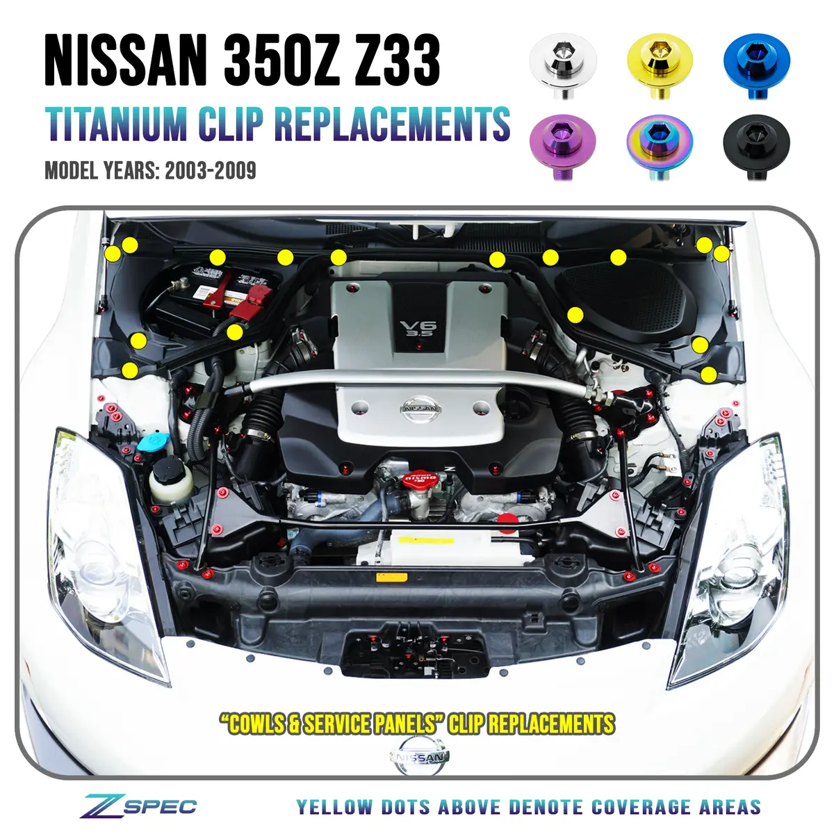 Zspec "Cowls & Service-Panels Only" Clips Replacement Kit For Nissan 350Z Z33, Titanium 1