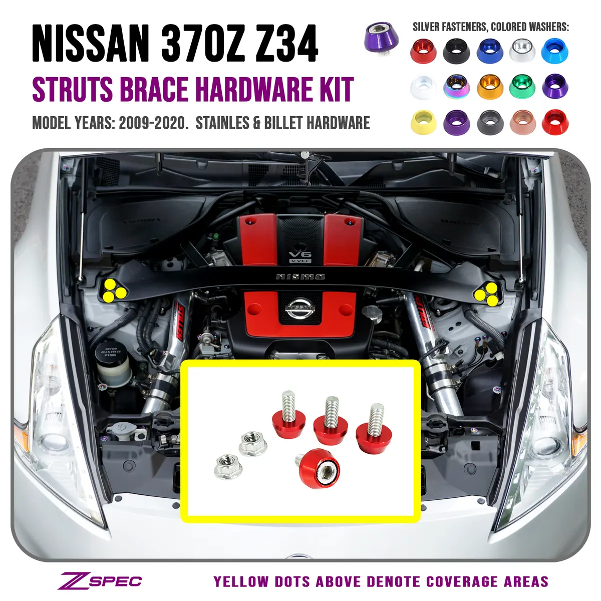 Zspec Strut Brace Fastener Kit For Nissan 370Z, Stainless & Billet Hardware 1
