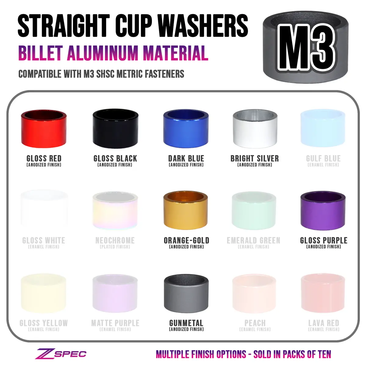 Zspec M3 Straight Cup Finish Washers For M3 Shsc Socket-Cap Fasteners, Billet, 10-Pack 1