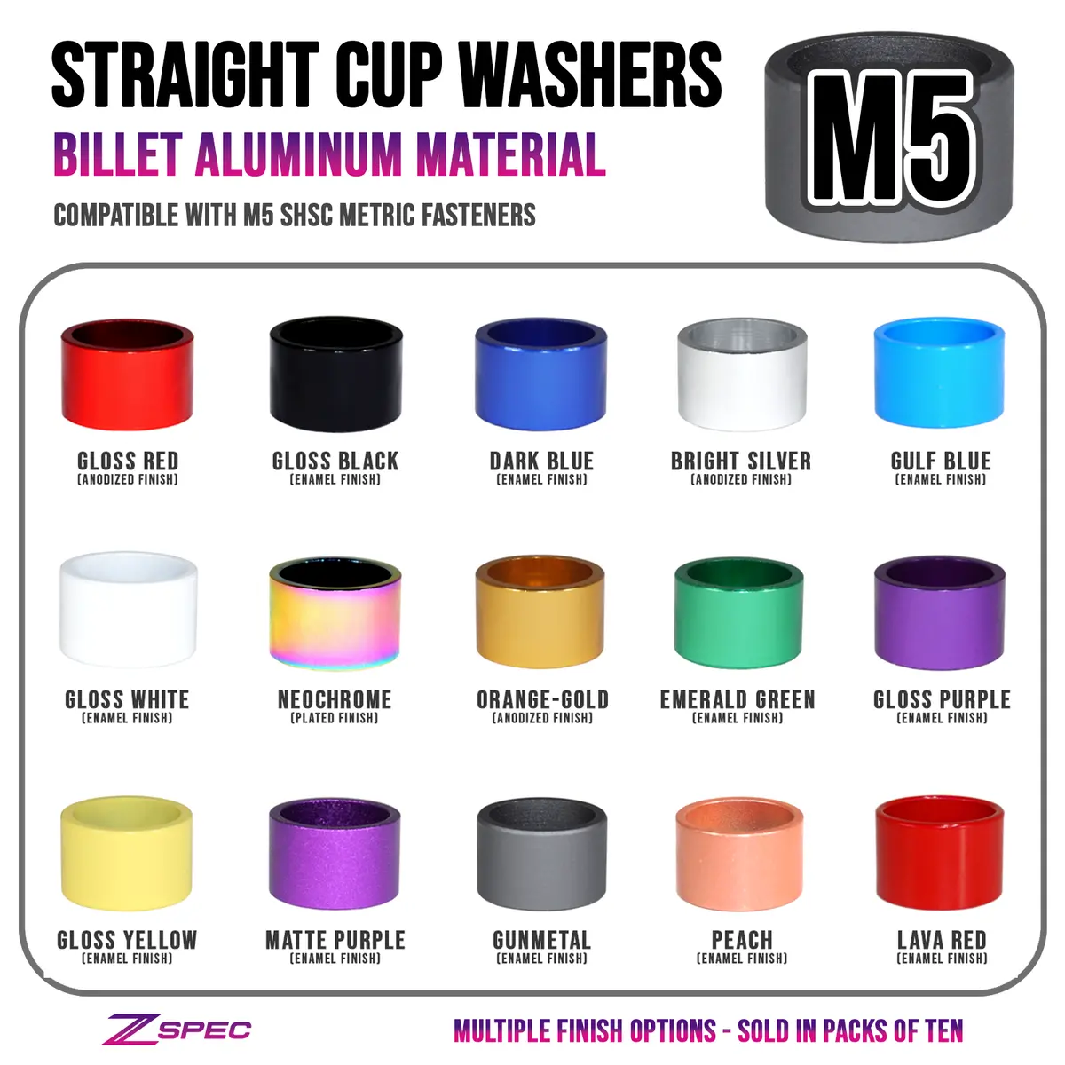 Zspec M5 Straight Cup Dress Up/Finish Washers For M5 Shsc Fasteners, Billet, 10-Pack 1