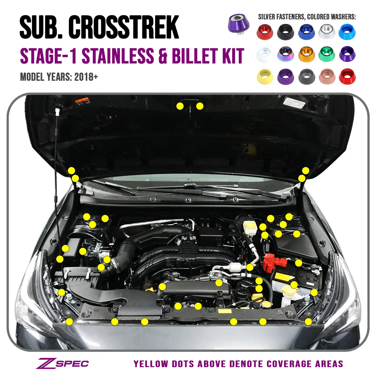 Zspec Stage-1 Dress Up Bolts® Fastener Kit For '18-24 Subaru Crosstrek, Stainless & Billet Hardware 1