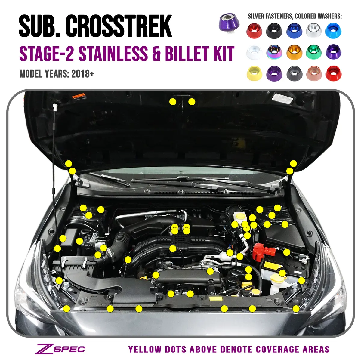 Zspec Stage-2 Dress Up Bolts® Fastener Kit For '18-24 Subaru Crosstrek, Stainless & Billet Hardware 1
