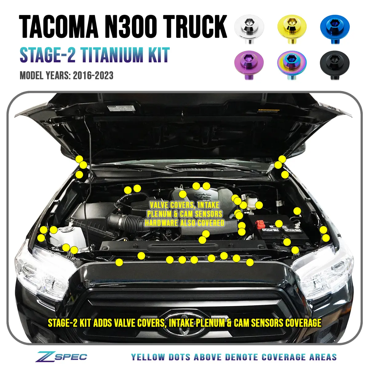 Zspec Stage-2 Dress Up Bolts® Fastener Kit For '16-23 Toyota Tacoma N300, Titanium 1