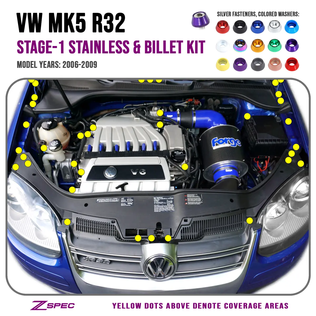 Zspec Stage-1 Dress Up Bolts® Fastener Kit For '06-09 Vw Golf R32 Mk5, Stainless & Billet 1