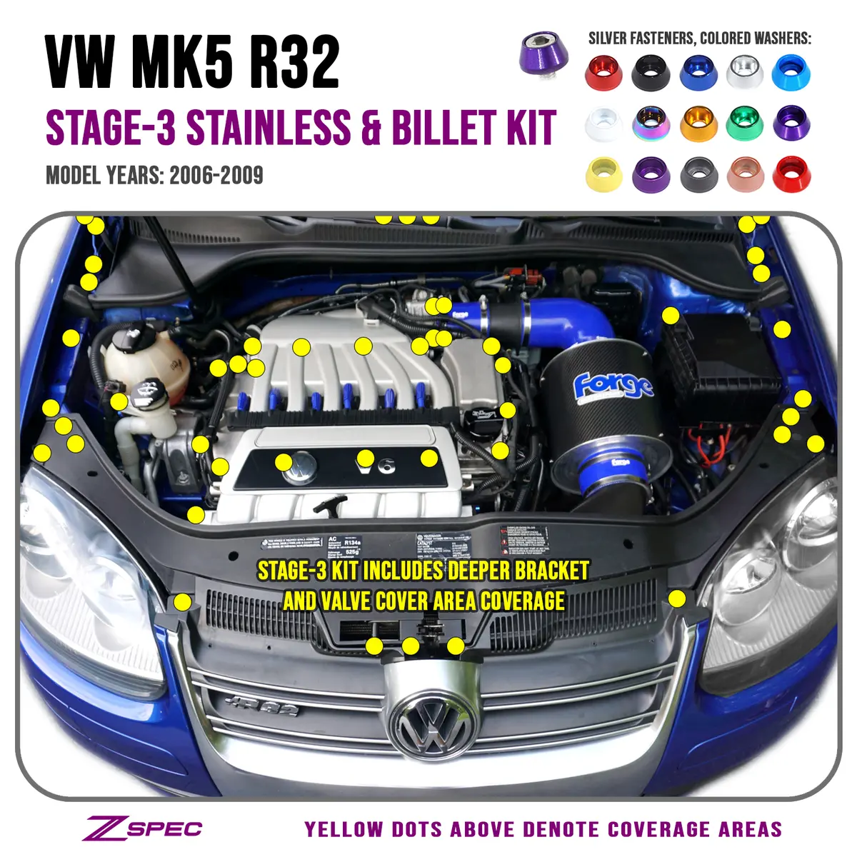 Zspec Stage-3 Dress Up Bolts® Fastener Kit For '06-09 Vw Golf R32 Mk5, Stainless & Billet 1