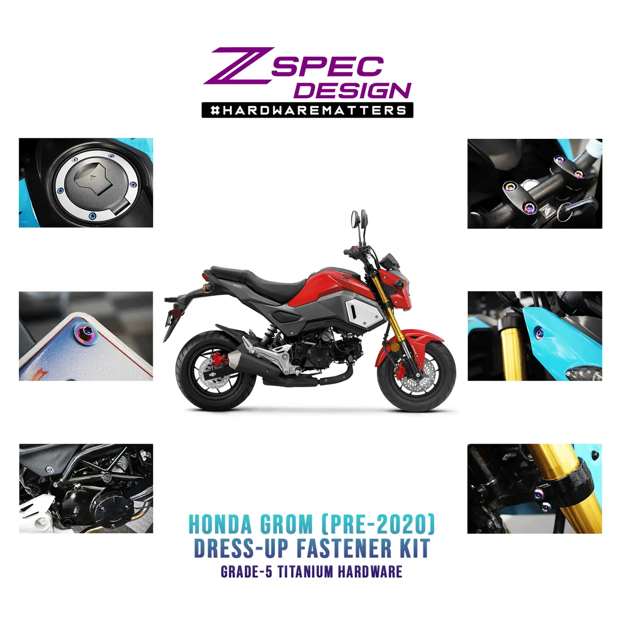 Zspec Dress-Up Bolts® Hardware Kit For The Pre-2020 Honda Grom Platform, Titanium 1