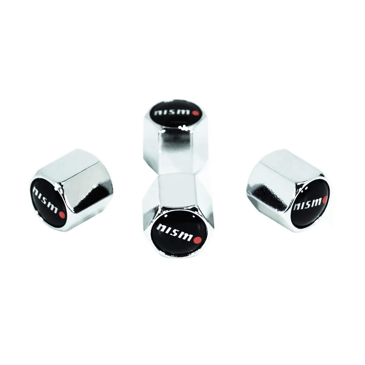 Chrome Valve Stem Tire Caps, Style: Nismo, Black Background 1