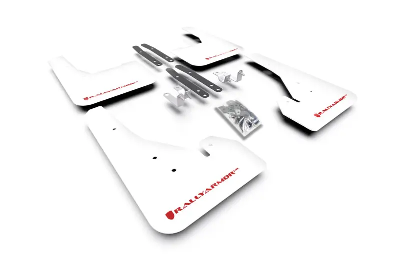 Rally Armor Universal-Style Mud Flaps For 2018–2022 Toyota Corolla Hatchback – White With Red Logo 1