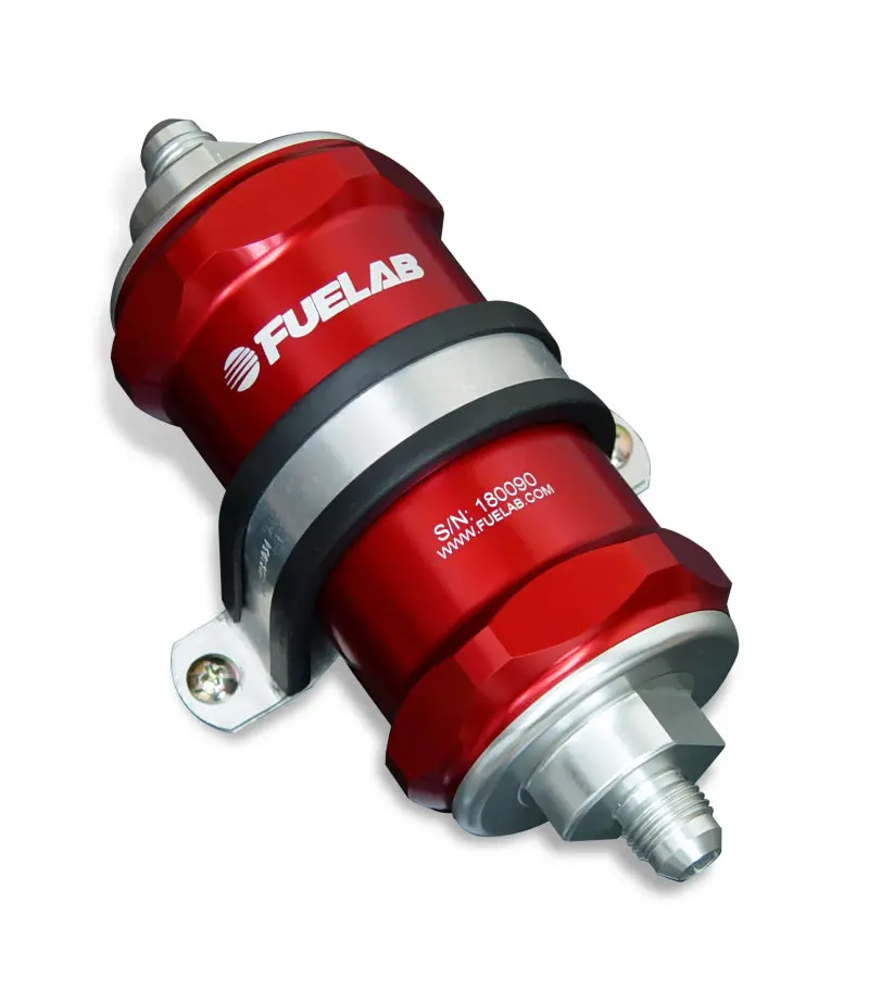 Fuelab 818 Inline Stainless Steel Fuel Filter – 12An Fittings, 40-Micron, Red Finish 1